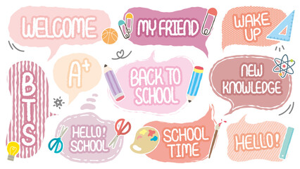 Back to school theme hand-drawn speech bubble. Set of BTS crayon cute memo sticker. Welcome school begin the semester chat box. Stationery pattern balloon cloud. Pencil, Science, Art, Math, Paper clip