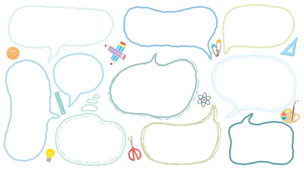 School theme hand-drawn style out-line speech bubble for text. Set of blank BTS crayon cute memo sticker. Stationery pattern crayon drawing balloon cloud. Pencil, Science, Art, Math, Paper clip, Sport