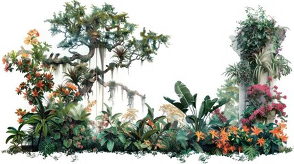 Obraz premium A large ancient tree with long vines and flowers.