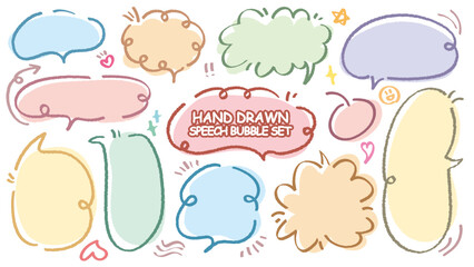 Cute quote colorful speech bubble. Set of hand drawn memo frame. Comic style blank for text. Variety of chat balloon. Doodle crayon drawing cloud. Cartoon funny freehand speech box Flat vector message
