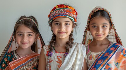 Three Indian little girls in traditional Indian clothes on the Independence Day of the Republic of India