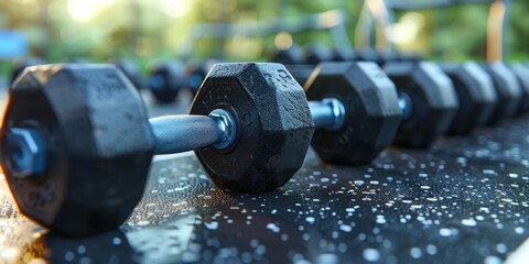 A close-up view of a row of hexagonal rubber-coated dumbbells arranged on a gym floor with a black mat, captured in the natural daylight, showcasing the importance of physical fitness and gym