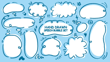 Cute quote colorful think bubble. Set of hand drawn memo frame. Comic style blank for text. Variety of chat balloon. Doodle crayon drawing cloud. Cartoon funny freehand speech box Flat vector message