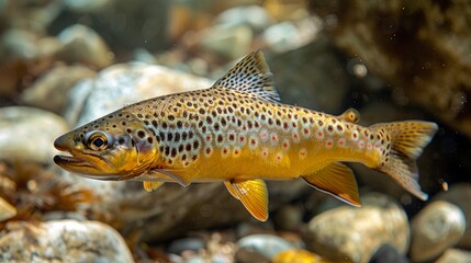 A vividly colored brown trout swimming gracefully among riverbed stones besides submerged aquatic vegetation in a clear freshwater habitat