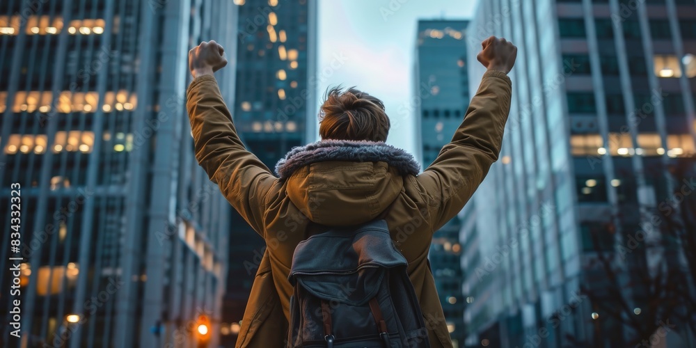 Wall mural A person with raised hands triumphantly stands amidst a bustling cityscape, back facing the camera, showcasing the determination and hope of urban life in the modern world