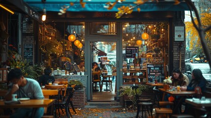 Obraz premium A cozy, atmospheric restaurant filled with customers enjoying meals under soft, warm lighting, surrounded by autumn foliage
