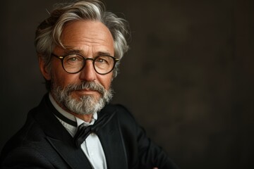 Obraz premium A distinguished older gentleman with white hair and a beard, wearing glasses and a black suit with a bow tie, poses confidently against a dark background