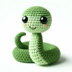 2025年 年賀状用 干支の巳 あみぐるみ画像 - かわいい手作り蛇のキャラクター　緑　背景白　