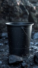 A sturdy black metal bucket with water droplets on its surface is placed on a rocky, wet ground, suggesting its recent use in an outdoor setting, possibly for water collection or gardening tasks