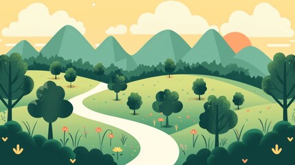 Fototapeta premium A winding road through a verdant valley with mountains in the background.