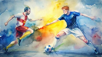 Watercolor painting of a soccer match between Germany and Scotland , football, soccer, Germany, Scotland, sports, competition, watercolor, painting, game, European, teams, flags, field, stadium