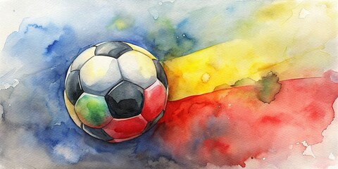 Watercolor painting of a soccer ball representing the rivalry between Germany and Switzerland, fussball, football, soccer, Deutschland, Schweiz, watercolor, art, sports, competition, match