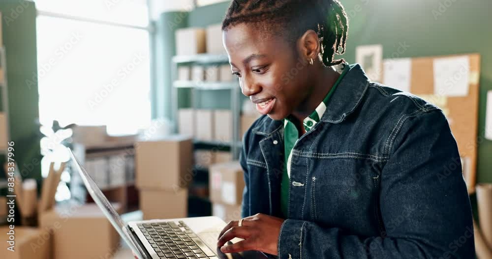 Sticker Business man, laptop and planning with boxes for courier service, logistics and e commerce inventory. African entrepreneur excited and typing on computer for online shop sales, profit or stock search