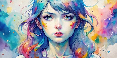 Colorful and psychedelic manga girl portrait with a pop-art twist, featuring vibrant watercolor style in a neo art concept, manga, girl, portrait, psychedelic, colorful, pop-art, drawing