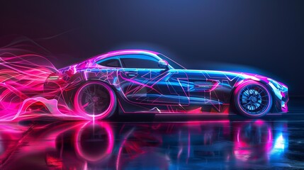 A sleek sports car with glowing blue and pink lights, suggesting speed and energy.  The car is captured in motion, leaving a trail of light.