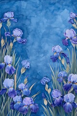 A vibrant blue background features a delicate arrangement of purple irises in full bloom