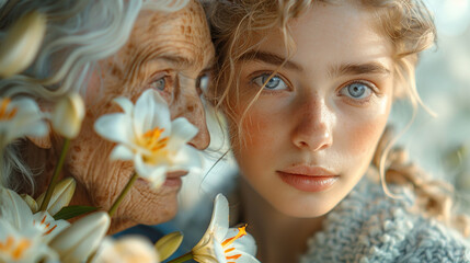 Naklejka premium Grandmother with her granddaughter spending time together in a flower garden 