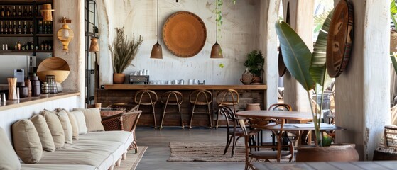 cafe shop interior design with minimal boho inspiration, bright, warm and trendy