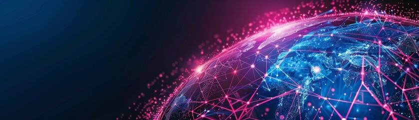 Abstract digital rendering of a glowing Earth with pink and blue hues.