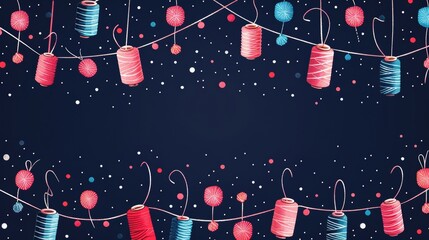 Colorful string lights with festive confetti on a dark blue background.