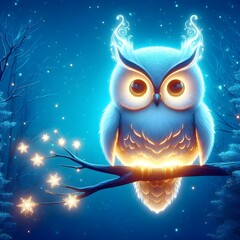 There is a beautiful owl, which has glowing eyes, sitting on a branch of a tree in the forest.