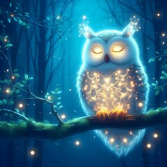 On a tree branch in a forest, a beautiful owl with glowing eyes is perched.