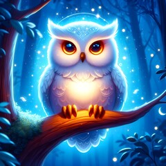 The eyes of this beautiful owl in a forest are glowing.