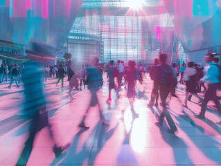 Crowd of blurred busy business office workers employment city people market walking modern building rushing bustle culture work banking economic bank urban concept leadership leader executive CEO - ai