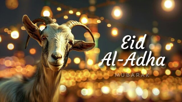 Happy Eid Al Adha Mubarak lettering Animated with goat and mosque background