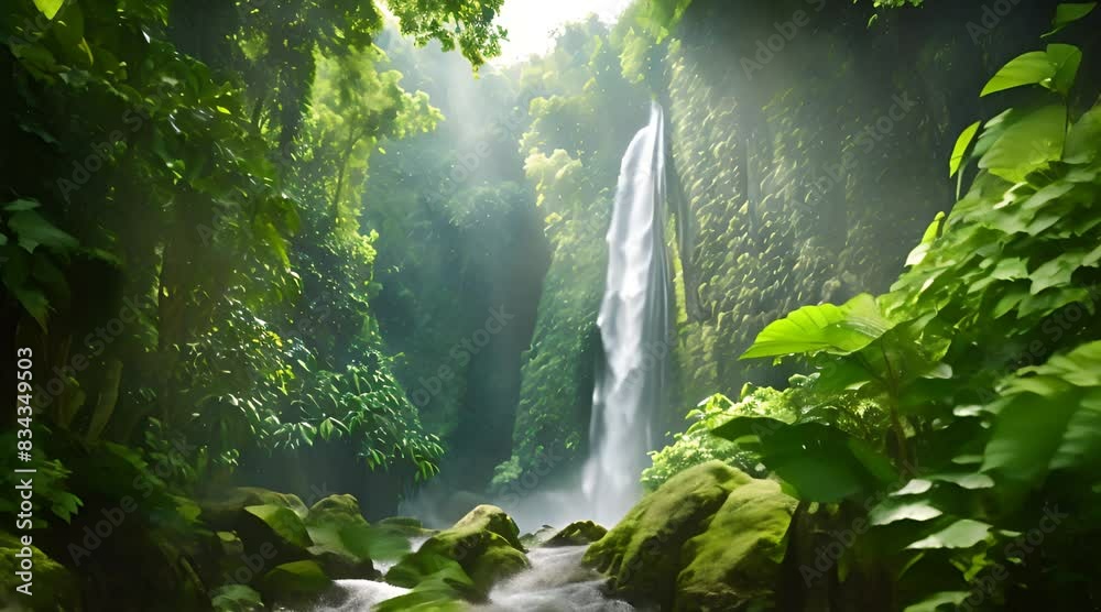 Wall mural a waterfall in the middle of a lush green forest