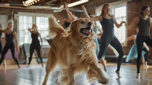 In a lively dance studio a Golden retriever and blue Maine Coon join a tap dance class