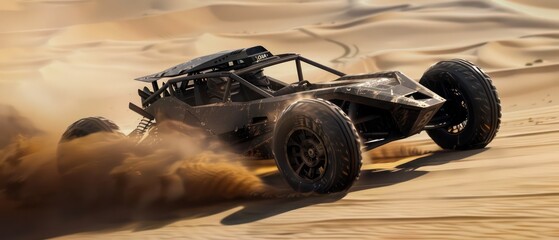 wallpaper of a buggy driving fast in sand dunes, very dynamic and photographic imagery
