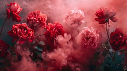 Close up shot of red garden roses with red smoke, festive greeting card