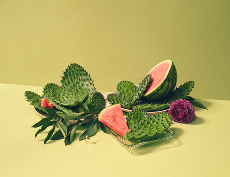 Los Anglenos Mexican Latino Salad Ensalada de Nopales with Prickly Pear Cactus Pads and Watermelon Cheery Fruits displayed on Green table top Still Life Set