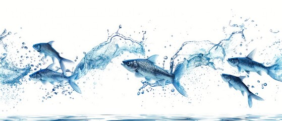 Obraz premium blue fish jumping with splash watercolored illustration isolated on a white background 