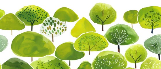 illustrated watercolored assortment of green trees on a white background