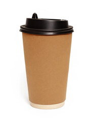 paper cup with hot drink on white background