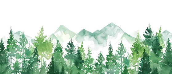 illustrated watercolored green landscape with simple composition and white background
