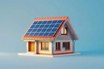 Solar cell on the roof, mini house, vector style, 3d