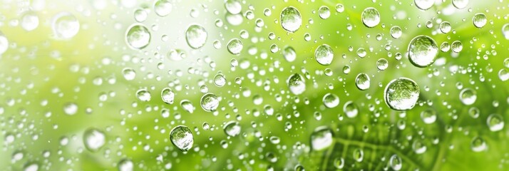 Green and White Background with Water Drops on Surface. Modern Banner with Copy-Space