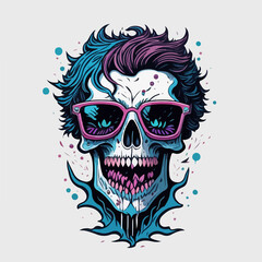 Fototapeta premium Stylish flames surround a colorful skull with trendy sunglasses, exuding charisma.