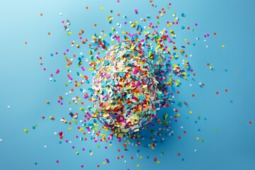 Easter confetti egg with explosion of multicolored confetti isolated on pastel blue background.