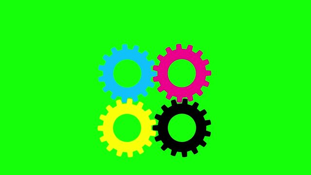 CMYK colour wheels cogs greenbox isolated. Cartoon dynamic green screen background cogs four colours working animation. Simple machine good for DTP metaphor, etc...
