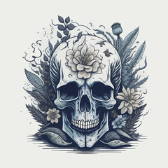 Black and white flowers entwine an ancient skull, symbolizing a war veteran's honor.