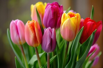 Fototapeta premium Vibrant Tulip Bouquet on Wooden Table with Green Leaves in Natural Light Nature and Beauty Inspired Floral Arrangement for Interior Design