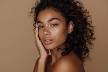 A young woman with curly hair is posing on a beige background.