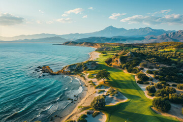 Fototapeta premium An aerial view showcases the Golf Course, highlighting its greenery and sand areas on hole number six by the sea with mountains in the background.