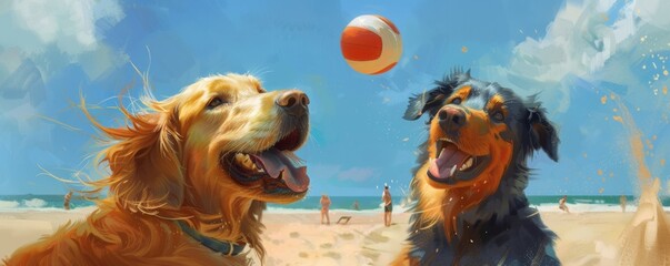 Golden retriever and blue Maine Coon at a beach party