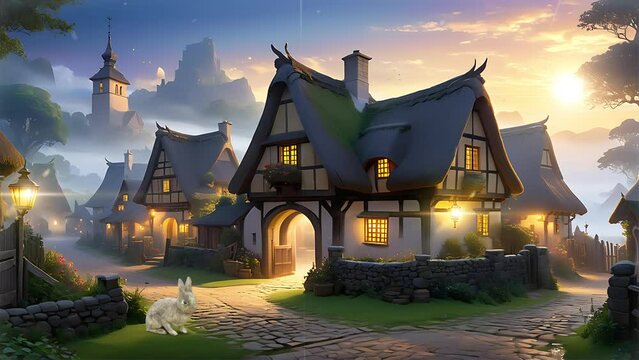 Rustic village thatched cottages surrounded by hills bathed in an ethereal glow from the setting sun