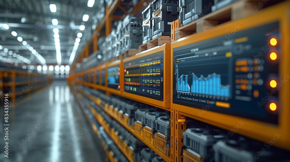 Poster warehouse with digital monitoring systems. modern warehouse with advanced digital monitoring systems